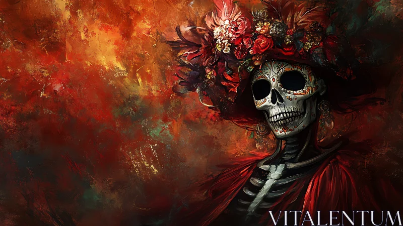 Skeletal figure in floral headdress against abstract reds.