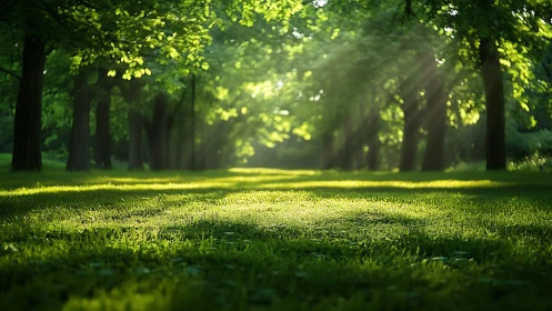 Sunlit forest glade captures low-angle rays across verdant lawn