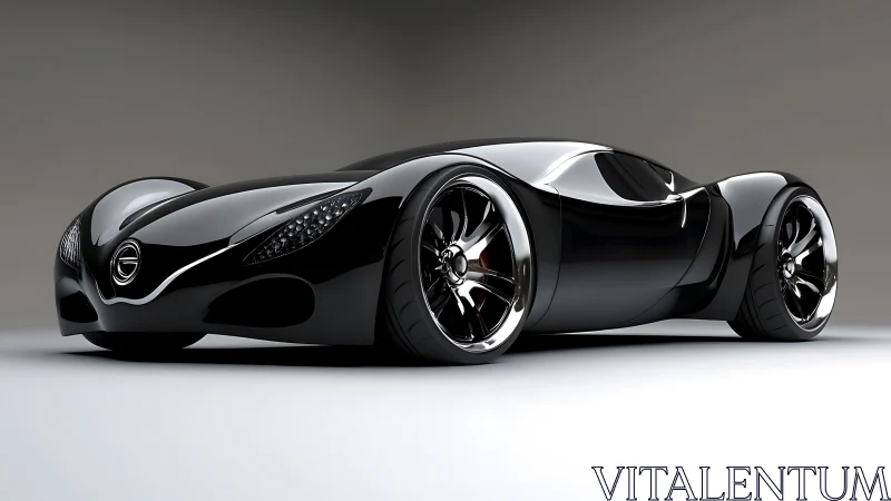Futuristic black concept supercar gleams under studio lights