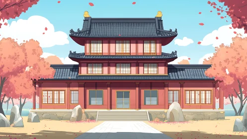 Serene red pagoda amid pastel autumn garden setting.