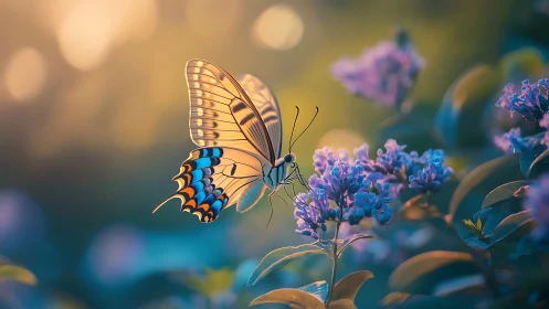 Sunlit butterfly pause among dreamy twilight blossoms.