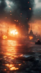 Naval Inferno: Pyrotechnic Combat Scenario in Storm.