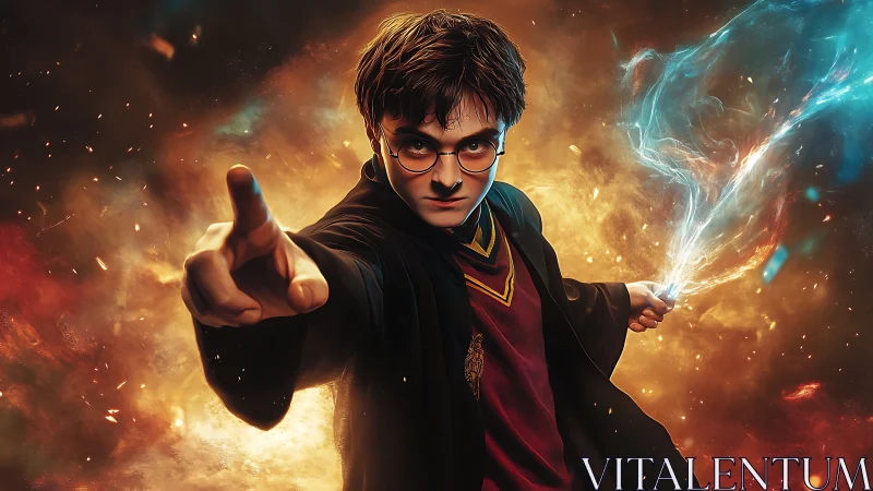 Dynamic wizard duel portrait in cinematic digital painting.