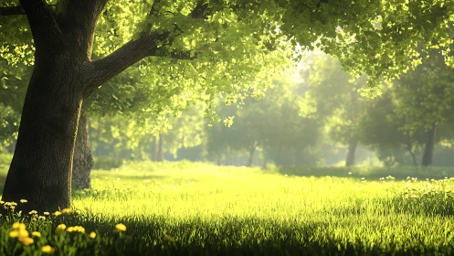 Backlit meadow tree in luminous spring woodland composition.