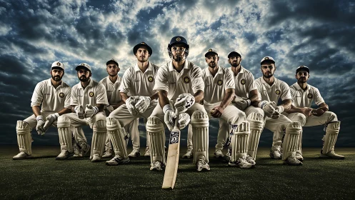 Cricket team portrait under dramatic cloudy evening sky.