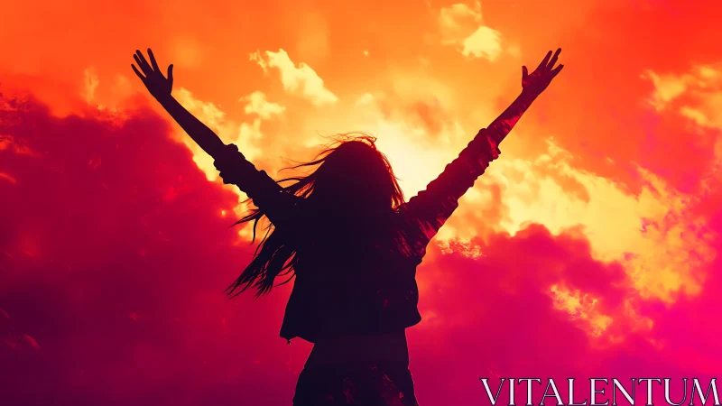 Silhouette of woman celebrating under vibrant fiery sunset sky.