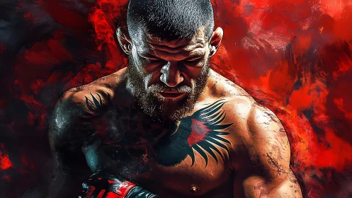 MMA fighter studies gloves under blazing red abstract storm