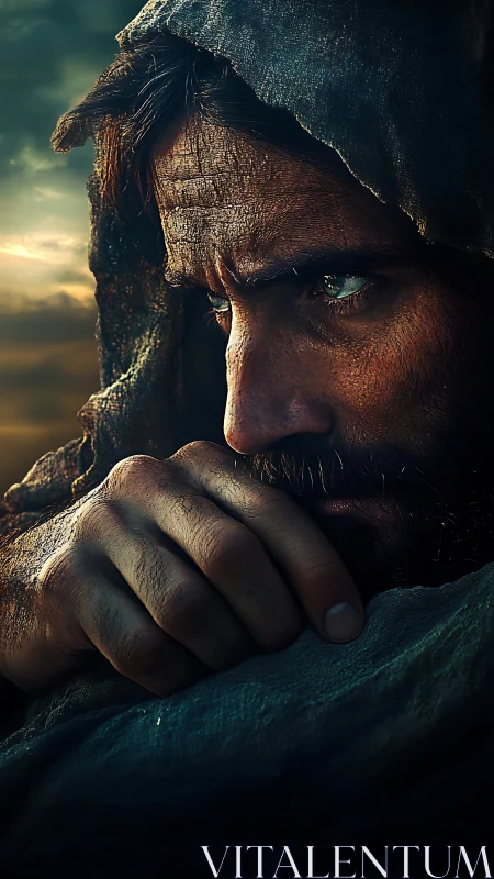 Weathered hooded man studies horizon in golden dusk