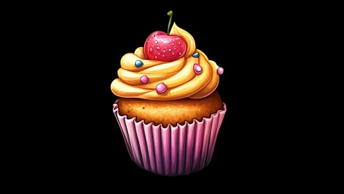 Whimsical Fruit-Topped Cupcake with Golden Frosting.