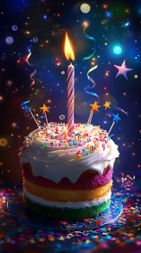 Magical Birthday Cake with Glowing Candle and Cosmic Sparkle.