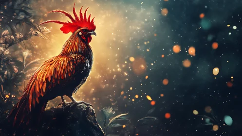 Majestic Rooster in Glowing Forest, Fantasy Digital Art Style.