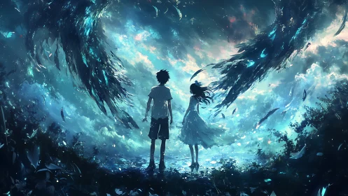 Two friends step into a swirling sky of impossible light.