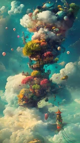 Vertical floating village spirals through dense layered clouds