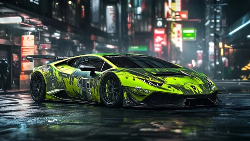 Neon green street racer glows against a rainy city night.