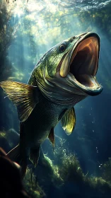 Large predatory fish ascends through volumetric sunbeams underwater