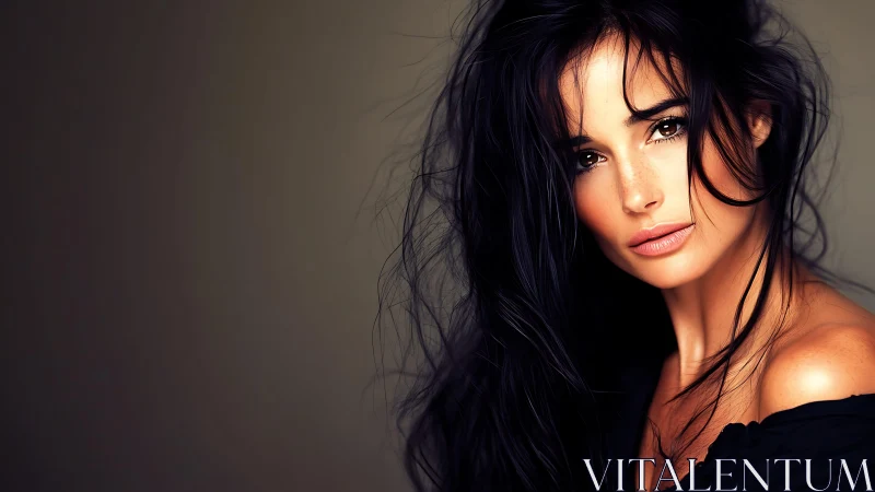 Woman with long dark hair posed against plain gradient background