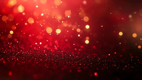 Red glitter bokeh background with glowing festive light.