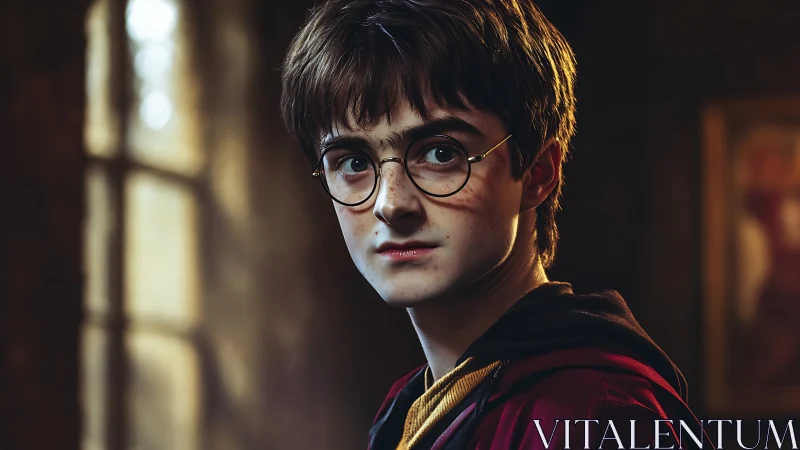 Young boy with round glasses in dim interior portrait.