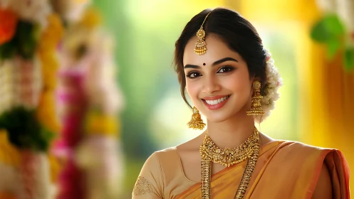 Portrait shows woman in traditional attire and jewelry