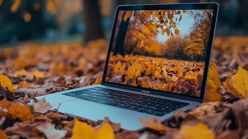 Open laptop blends into golden autumn forest scene outdoors.