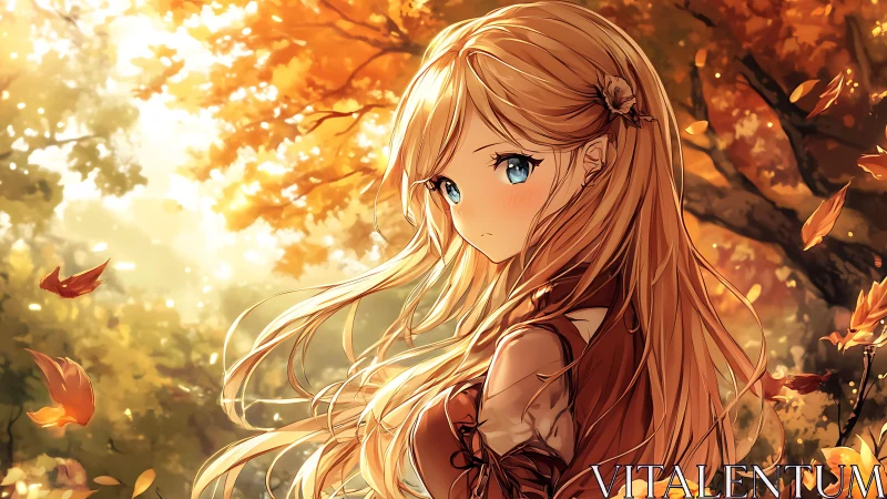 Blonde anime girl stands in glowing autumn forest scene