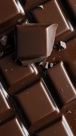 Chocolate bar fragment with broken pieces arranged on reflective surface.