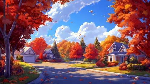 Golden suburban street glows under vivid autumn foliage.