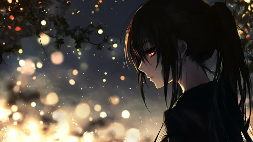 Solitary anime girl in glowing bokeh dusk forest scene.