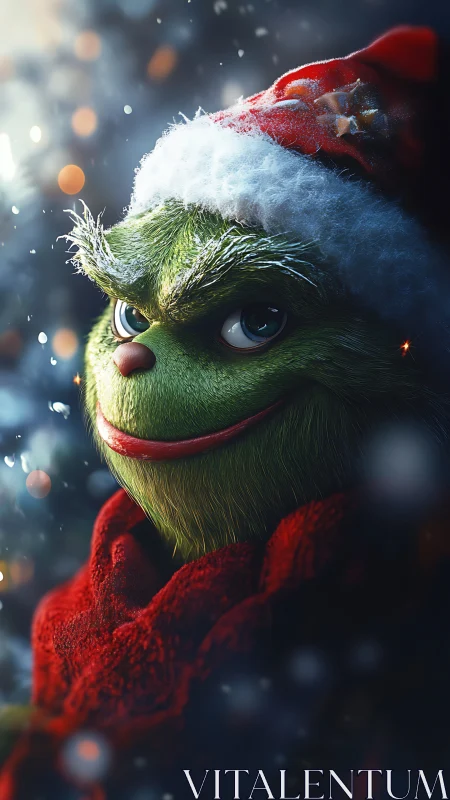 Grinch-inspired green character in cozy snowy Christmas glow.