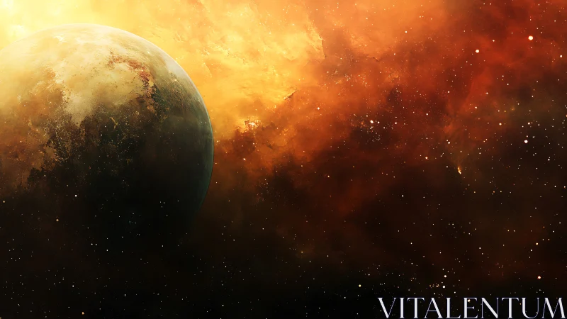 Digital painting of eclipsed planet against radiant nebula field.