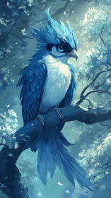 Gentle blue forest bird resting quietly among soft blossoms.