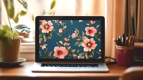 Laptop on wooden desk displays high-contrast floral wallpaper