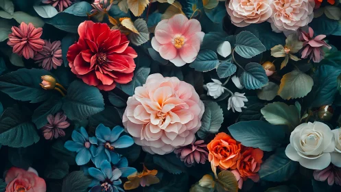 Layered Floral Composition with Contrasting Blooms.