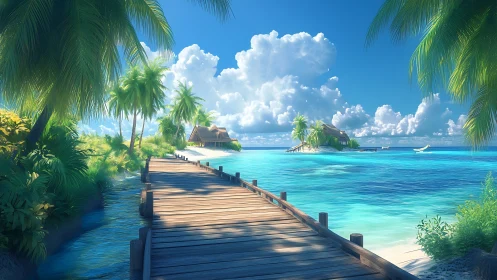 Wooden Boardwalk Extending Toward Palm-Lined Tropical Islands