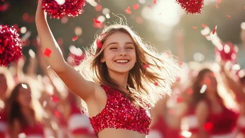 Young cheerleader performs outdoors in bright sunlight conditions
