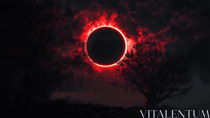 Blood-red solar eclipse crowns a dark, haunted landscape.