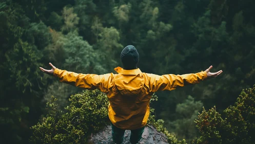 Hiker in yellow jacket opens arms toward deep forest valley