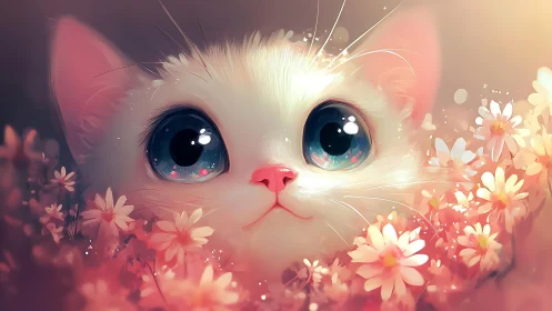 White Cat with Blue Eyes Among Flowers
