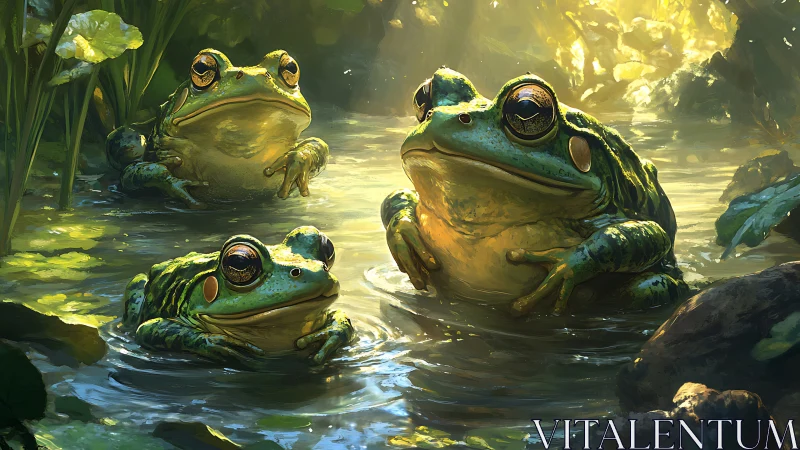 Three large frogs rest in shallow sunlit forest water