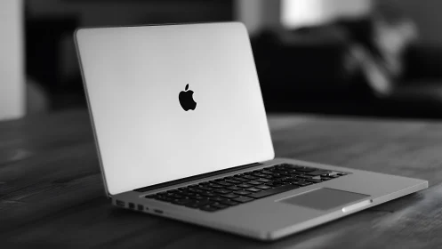 Aluminum laptop on wooden desk in shallow depth monochrome study