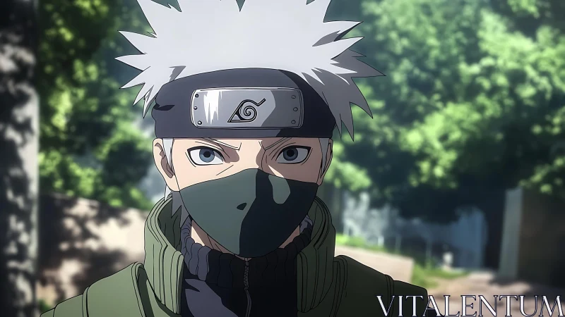 Masked anime ninja stands alert in soft forest daylight