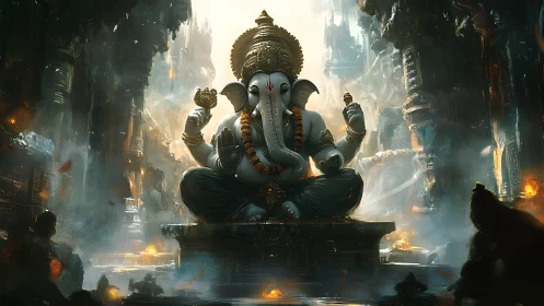 Temple titan Ganesh glows amid stormlit cosmic ruins.