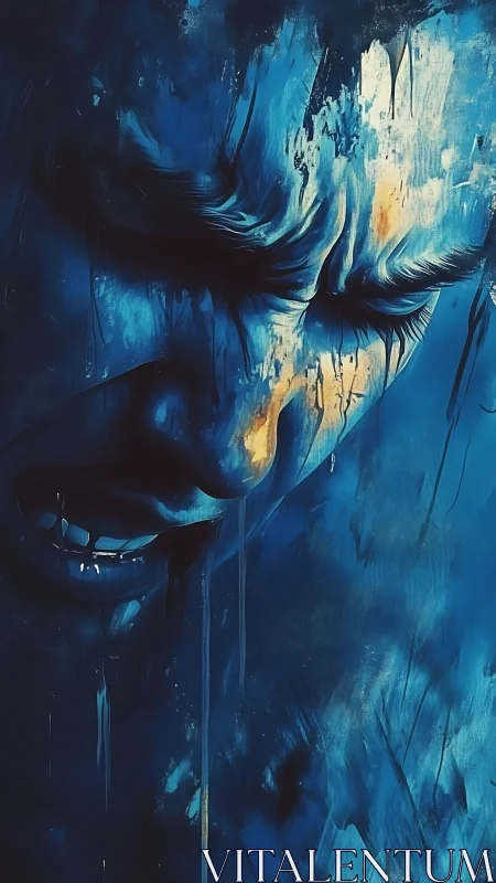 Blue expressionist portrait with anguished melting face.