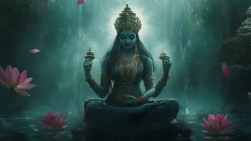 Blue-skinned seated goddess in lotus pose amid waterfalls.