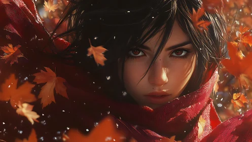 Woman&rsquo;s intense gaze framed by autumn leaves in motion