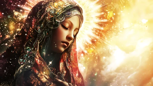 Luminous celestial portrait with jeweled mantle and radiant halo.