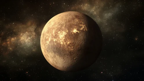 Rocky exoplanet with illuminated regions in star field.