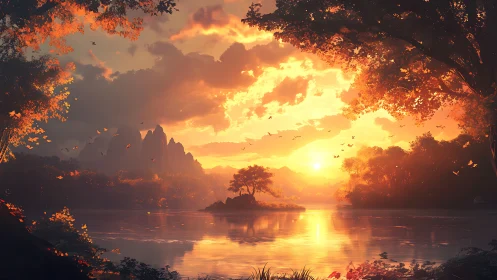 Golden lake sunset over forested mountainscape panorama.