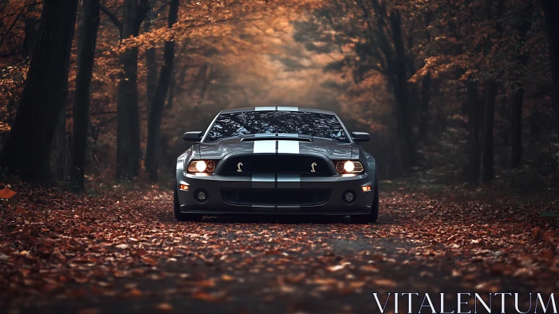 Muscle car front view cuts through atmospheric autumn forest