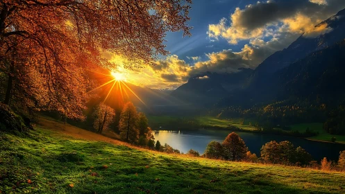 Golden sunset over autumn lake valley and distant mountains.